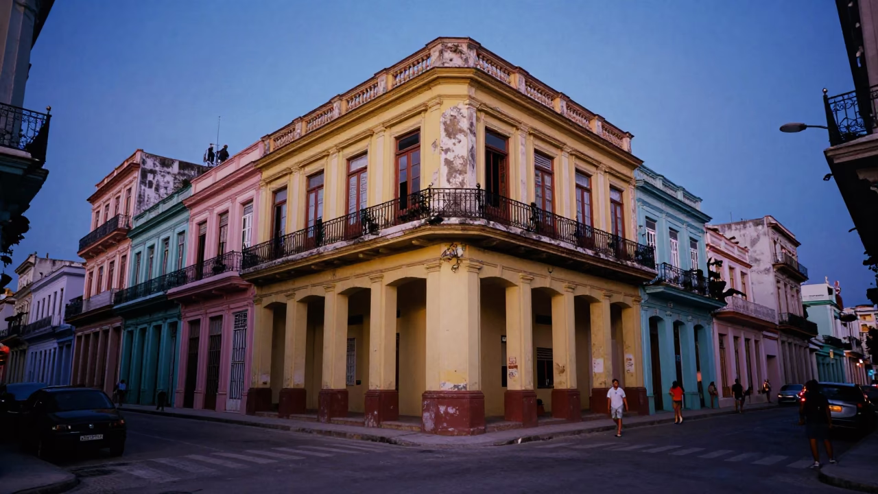 Blue Hour Havana Street Scene with Colorful Balcony and Pedestrians in in Havana, Cuba