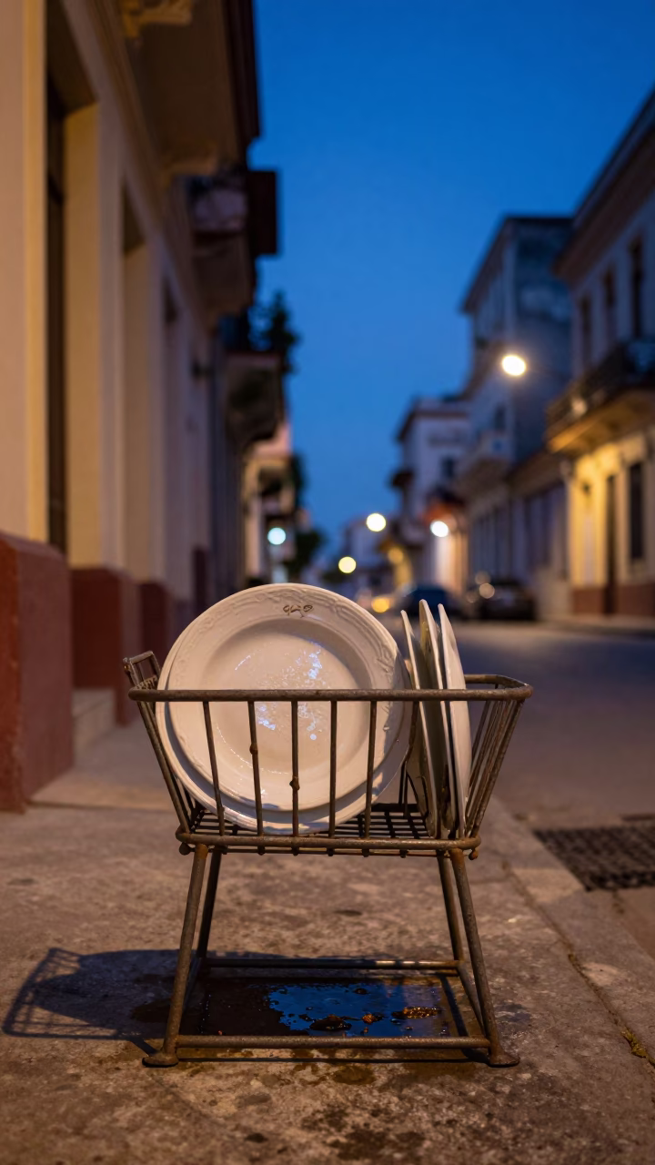 Blue Hour Havana Street Scene with Dish Rack and Window Light in in Havana, Cuba