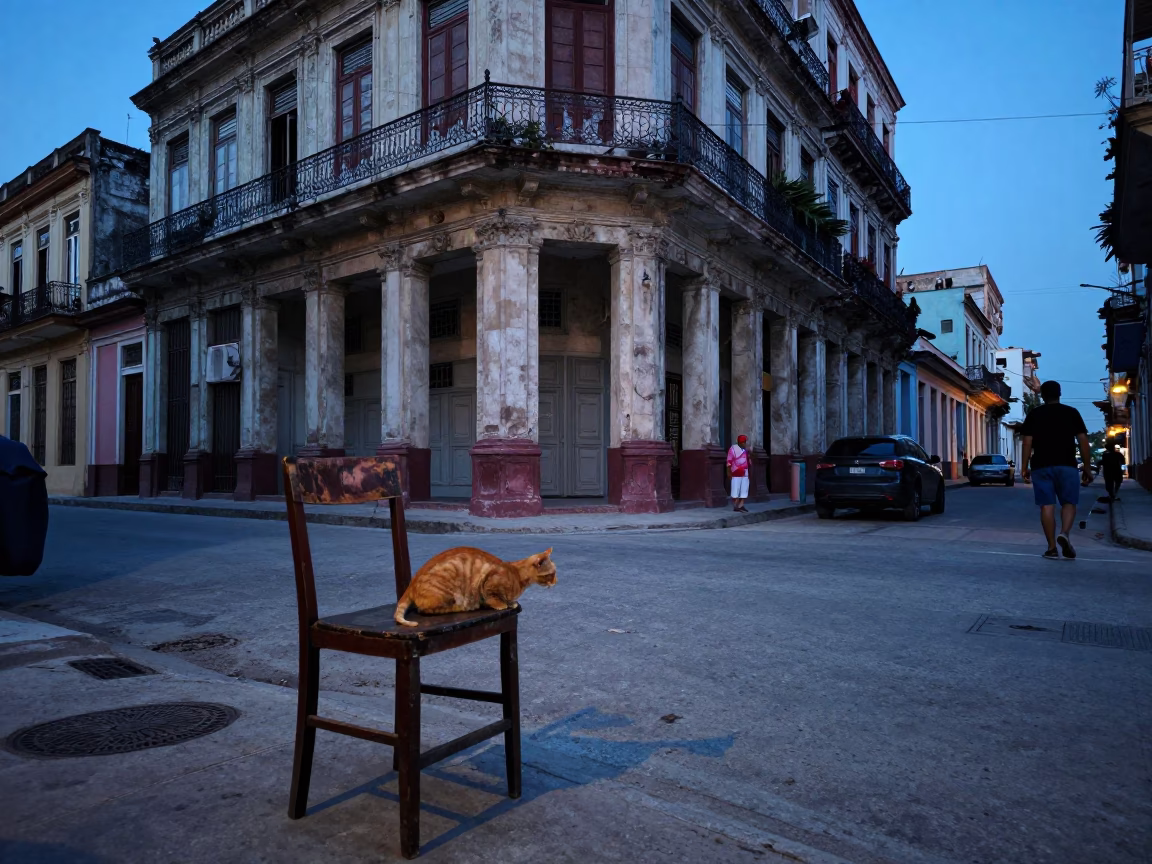 Blue Hour Havana Street Scene with Orange Cat and Worn Chair in in Havana, Cuba