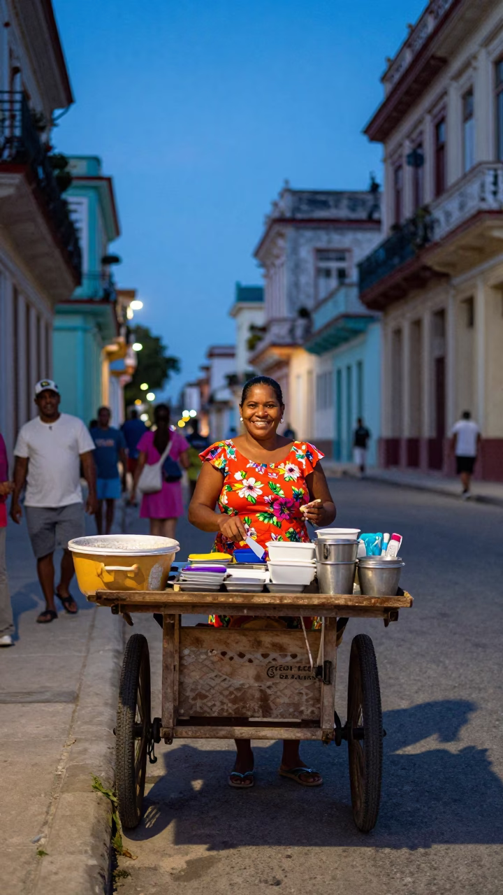Blue Hour Havana Street Scene with Smiling Vendor and Colorful Vintage Car in in Havana, Cuba