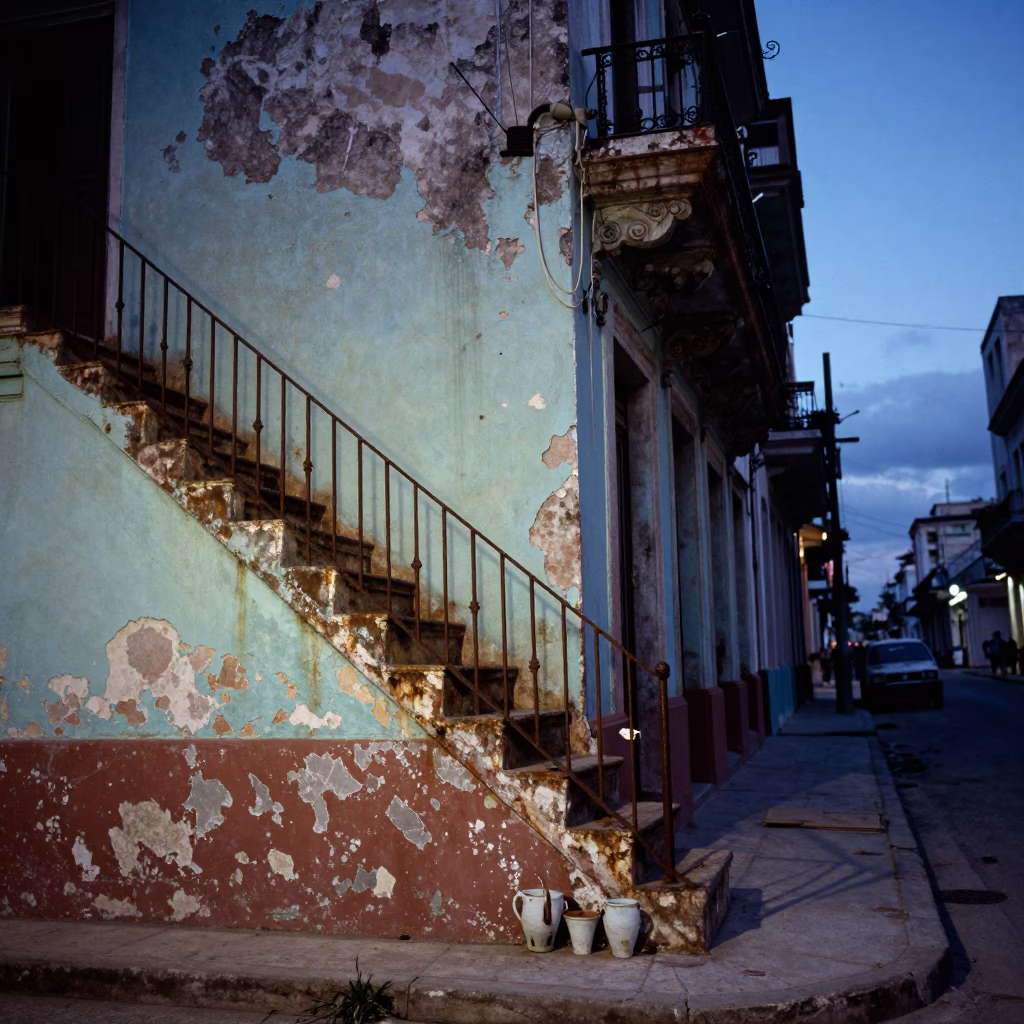 Blue Hour Havana Street Scene with Stair Rail and Drinking Vessel in in Havana, Cuba