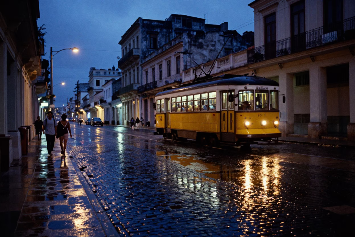 Blue Hour Havana Street Scene with Tram Reflections on Wet Cobblestones in in Havana, Cuba