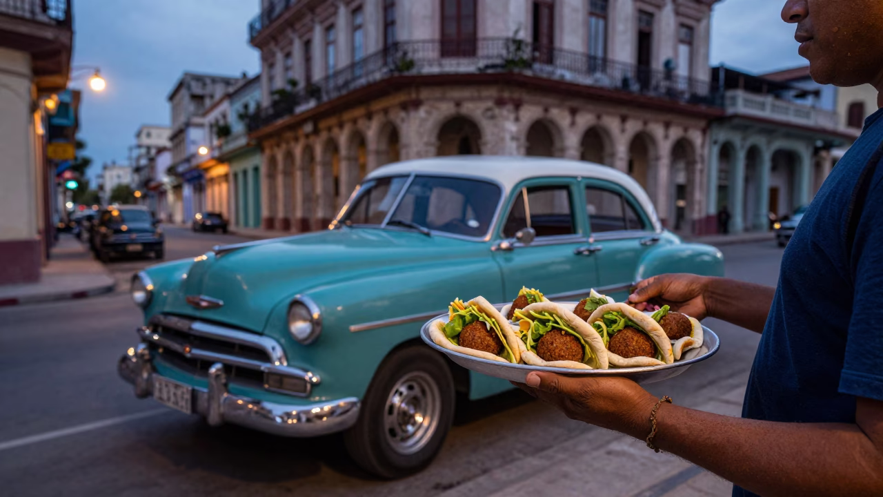Blue Hour Havana Street Scene with Vintage Car and Local Vendor in in Havana, Cuba