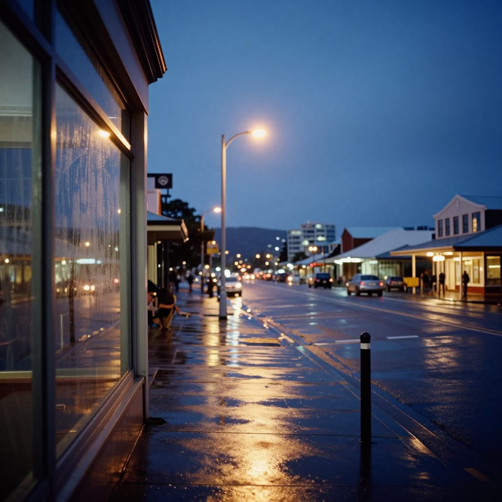 Blue Hour Hobart Street Scene with Condensation on Glass and Caster Wheel in in Hobart, Tasmania, Australia