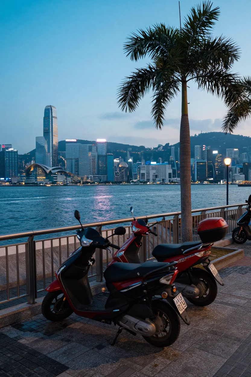 Blue Hour Hong Kong Harbor Promenade with Parked Scooter and Palm Tree Silhouettes in in Hong Kong, Hong Kong