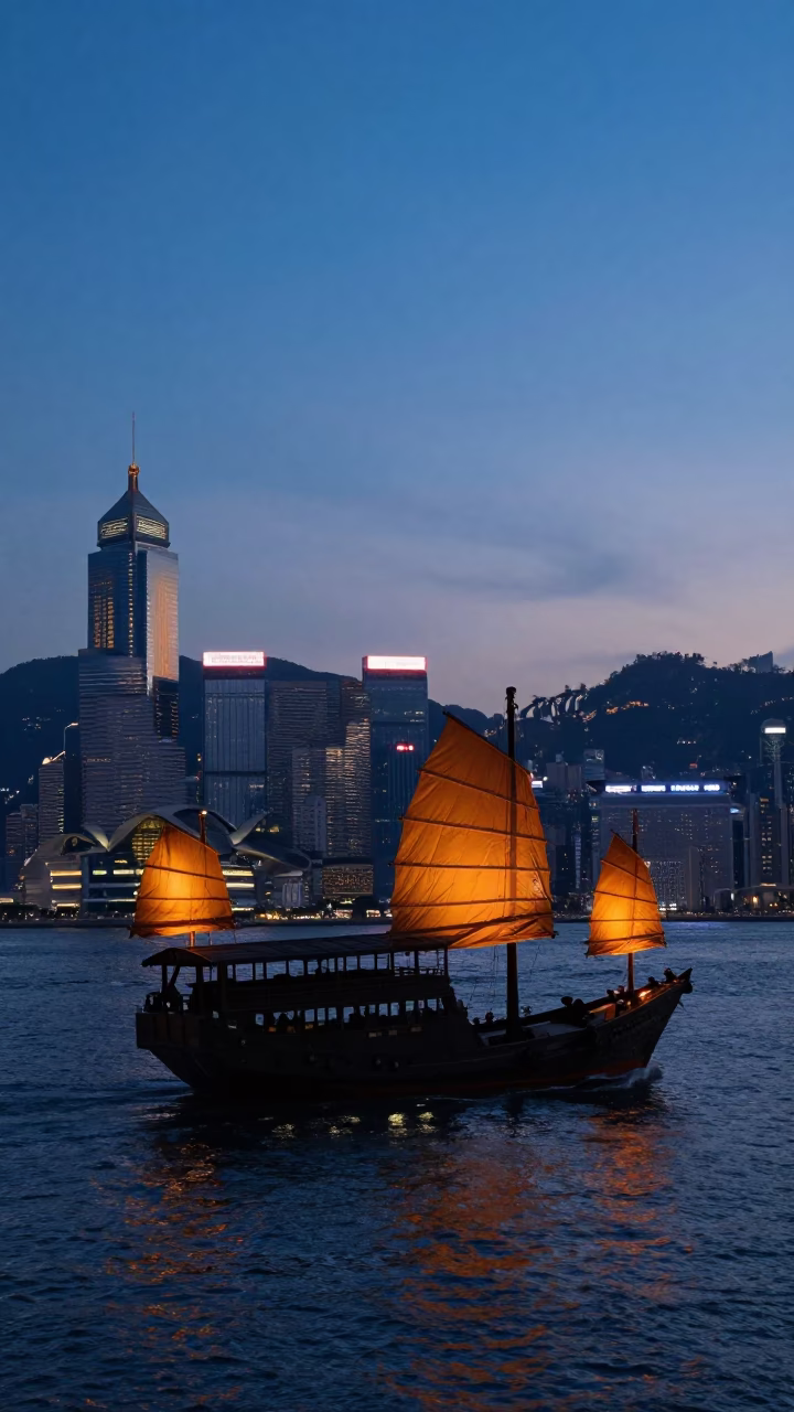 Blue Hour Hong Kong Harbor View with Junk Boat and Observatory Silhouette in in Hong Kong, Hong Kong