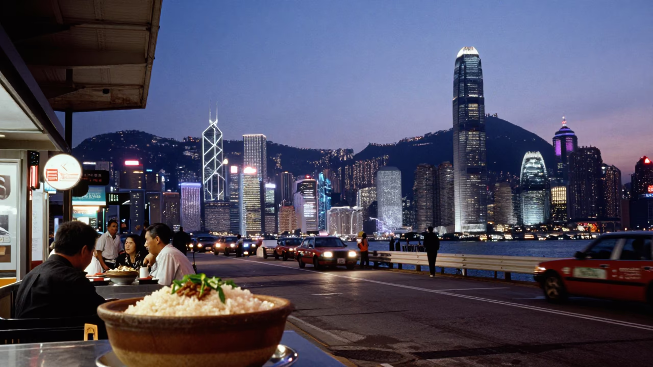 Blue Hour Hong Kong Street Scene with Claypot Rice and Observatory Dome in in Hong Kong, Hong Kong