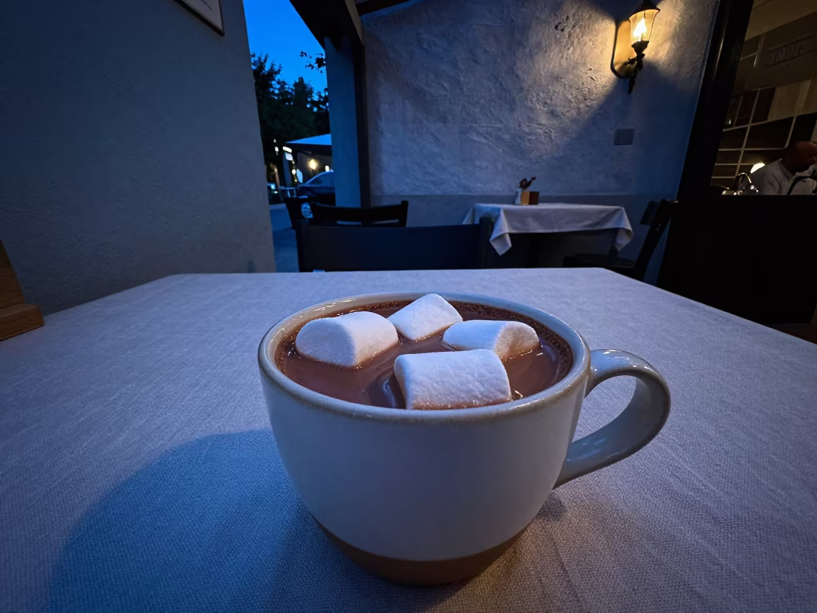 Blue Hour Hot Chocolate with Marshmallows in Buenos Aires in on a linen-covered restaurant table in Buenos Aires