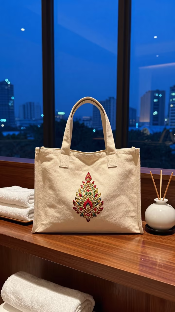 Blue Hour Hotel Spa Tote on Reception Desk in inside a spa reception near Bangkok