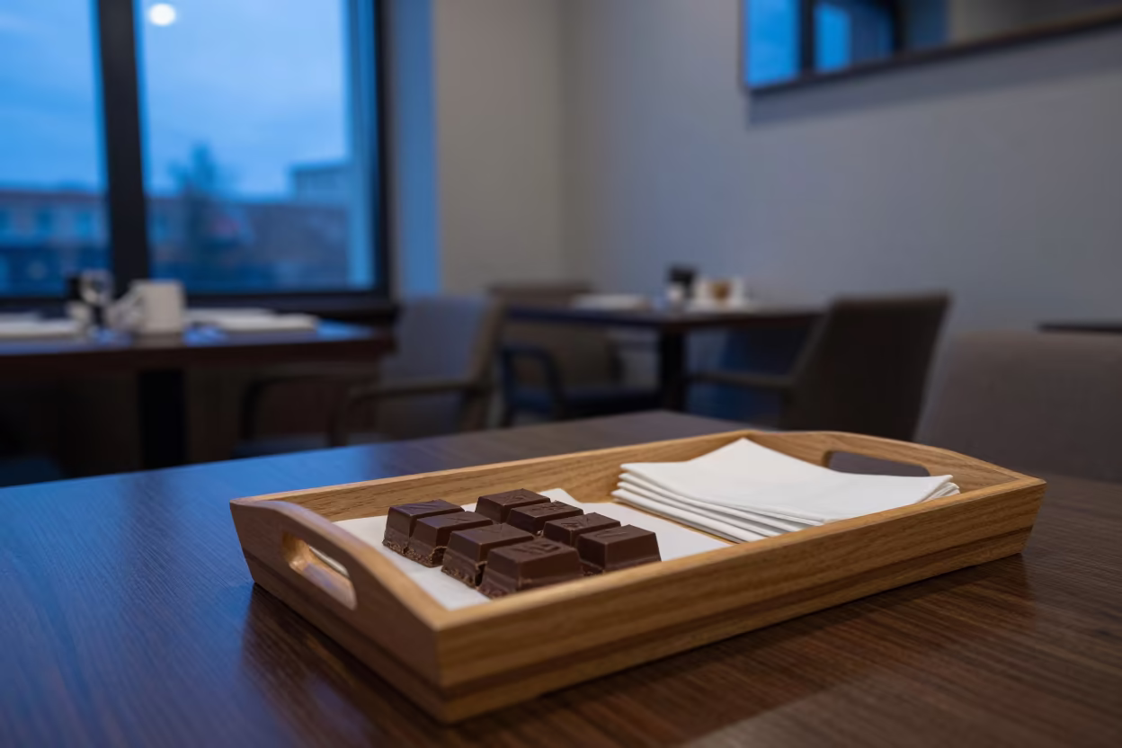 Blue Hour Hotel Turndown Tray With Chocolate in inside a breakfast room before opening near Minsk