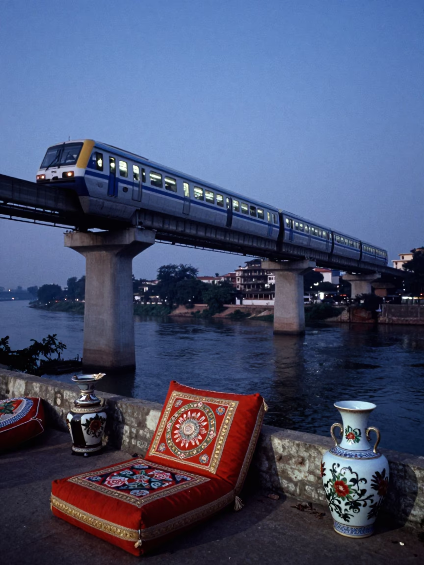 Blue Hour Hyderabad Monorail River View with Embroidered Cushion and Porcelain Jars in in Hyderabad, India