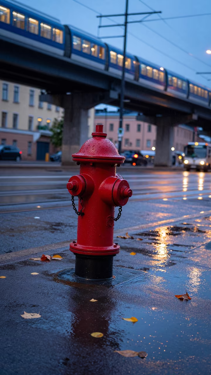 Blue Hour Hydrant Under Kallio Train Tracks in under an elevated train line in Kallio, Helsinki