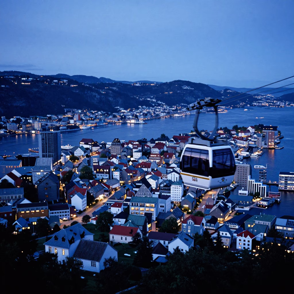 Blue Hour in Bergen Norway Cable Car Over City and Harbour Scene in in Bergen, Norway