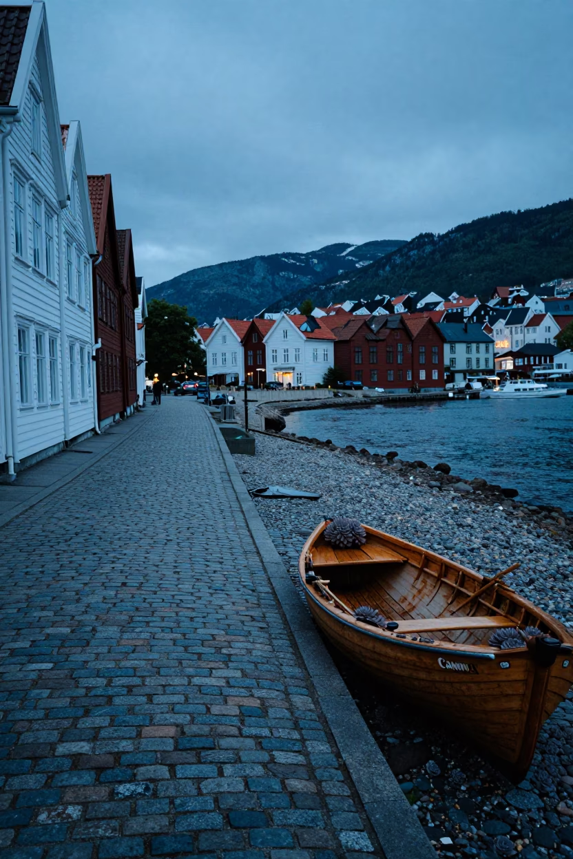 Blue Hour in Bergen Norway Cobblestone Street with Rowboat and Succulents in in Bergen, Norway