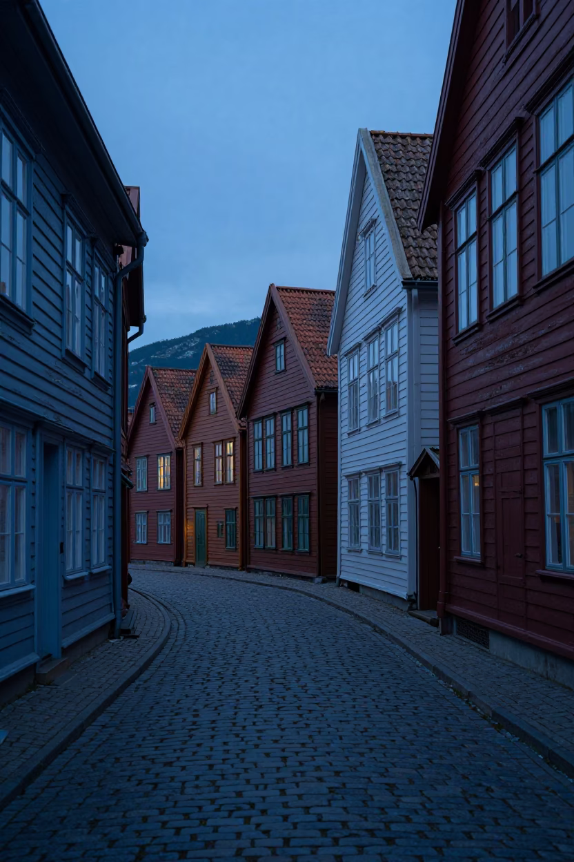 Blue Hour in Bergen Norway Narrow Street Cobblestones and Historic Wooden Houses in in Bergen, Norway