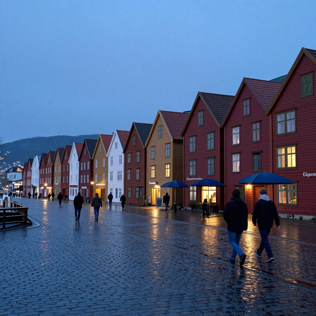 Blue Hour in Bergen Norway Street Scene with Umbrellas and Cobblestones in in Bergen, Norway