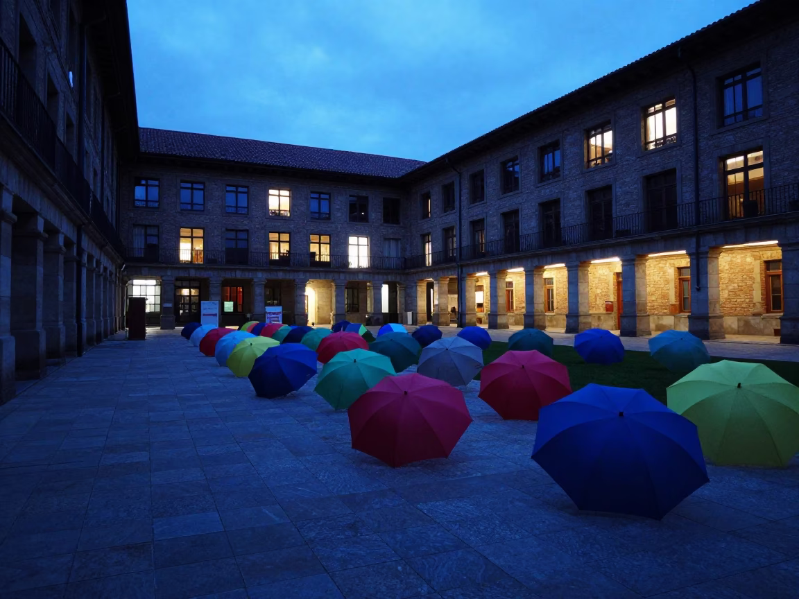 Blue Hour in Bilbao: Umbrellas and University Courtyard Life in in Bilbao, Spain