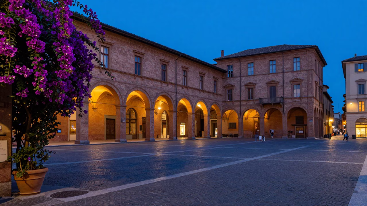 Blue Hour in Bologna Italy Street Scene with Bougainvillea and Traditional Architecture in in Bologna, Italy