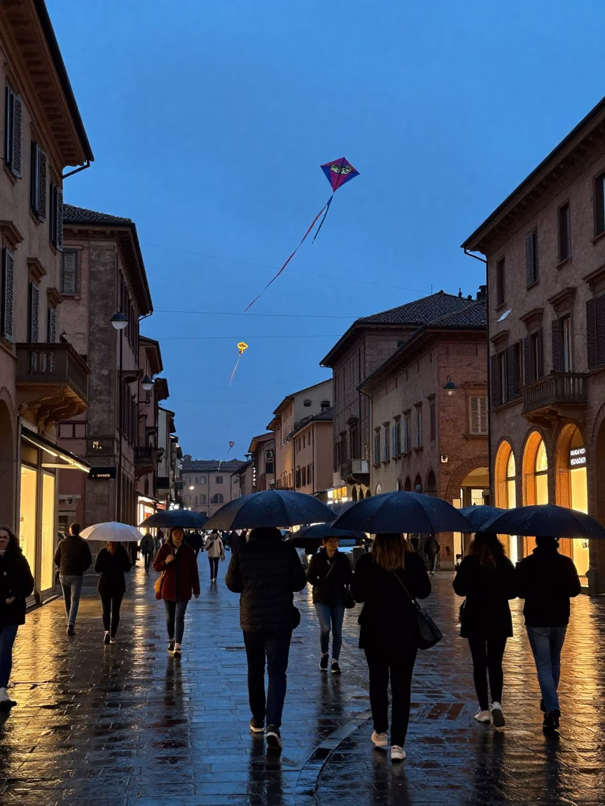 Blue Hour in Bologna Italy Street Scene with Kites and Umbrellas in in Bologna, Italy