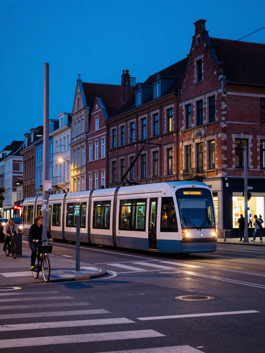 Blue Hour in Brussels Belgium with Tramway and Evening Street Life in in Brussels, Belgium
