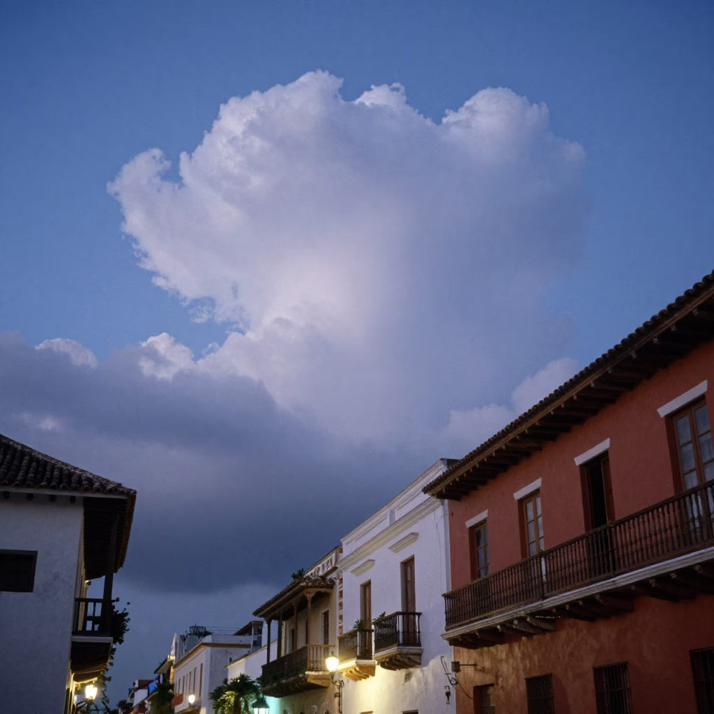 Blue Hour in Cartagena Colombia with Morning Glory Clouds Over Colonial Balconies in in Cartagena, Colombia
