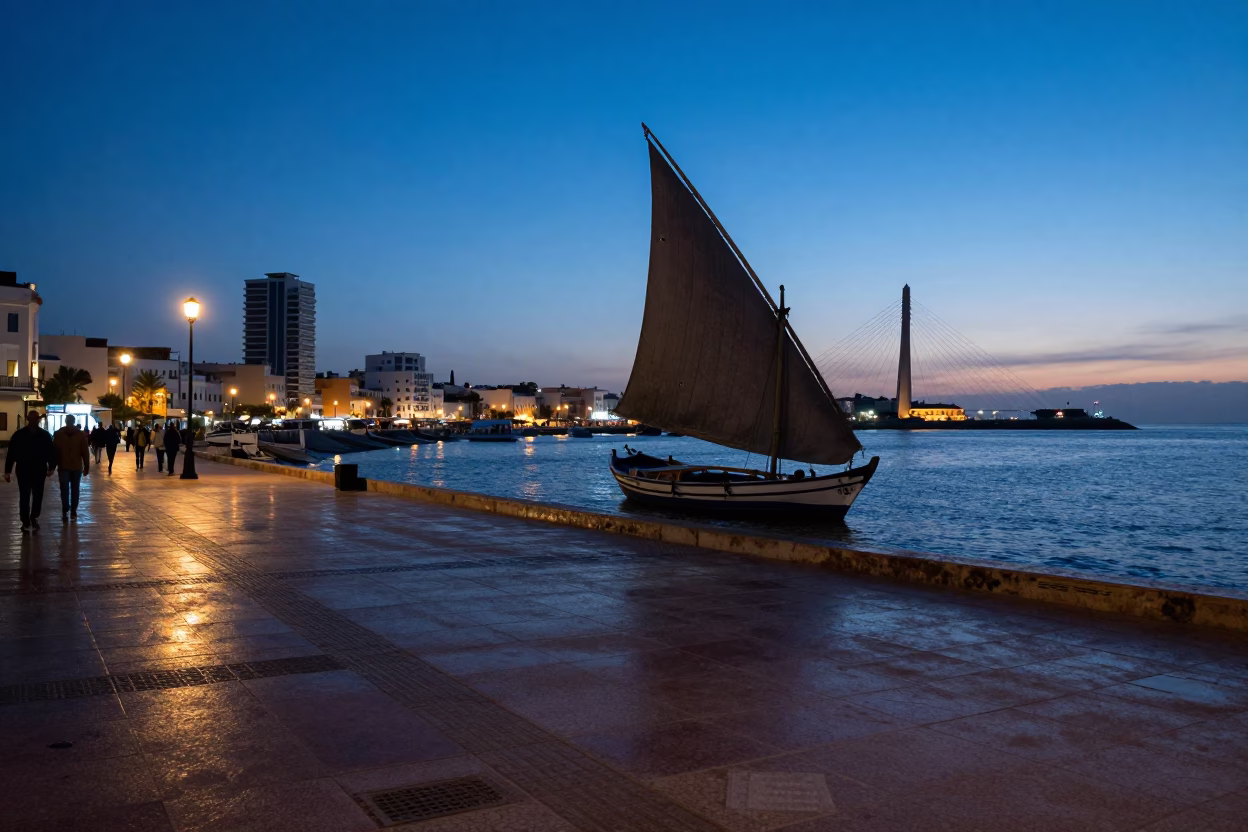 Blue Hour in Casablanca Morocco Street Scene with Dhow and Harbor Lights in in Casablanca, Morocco