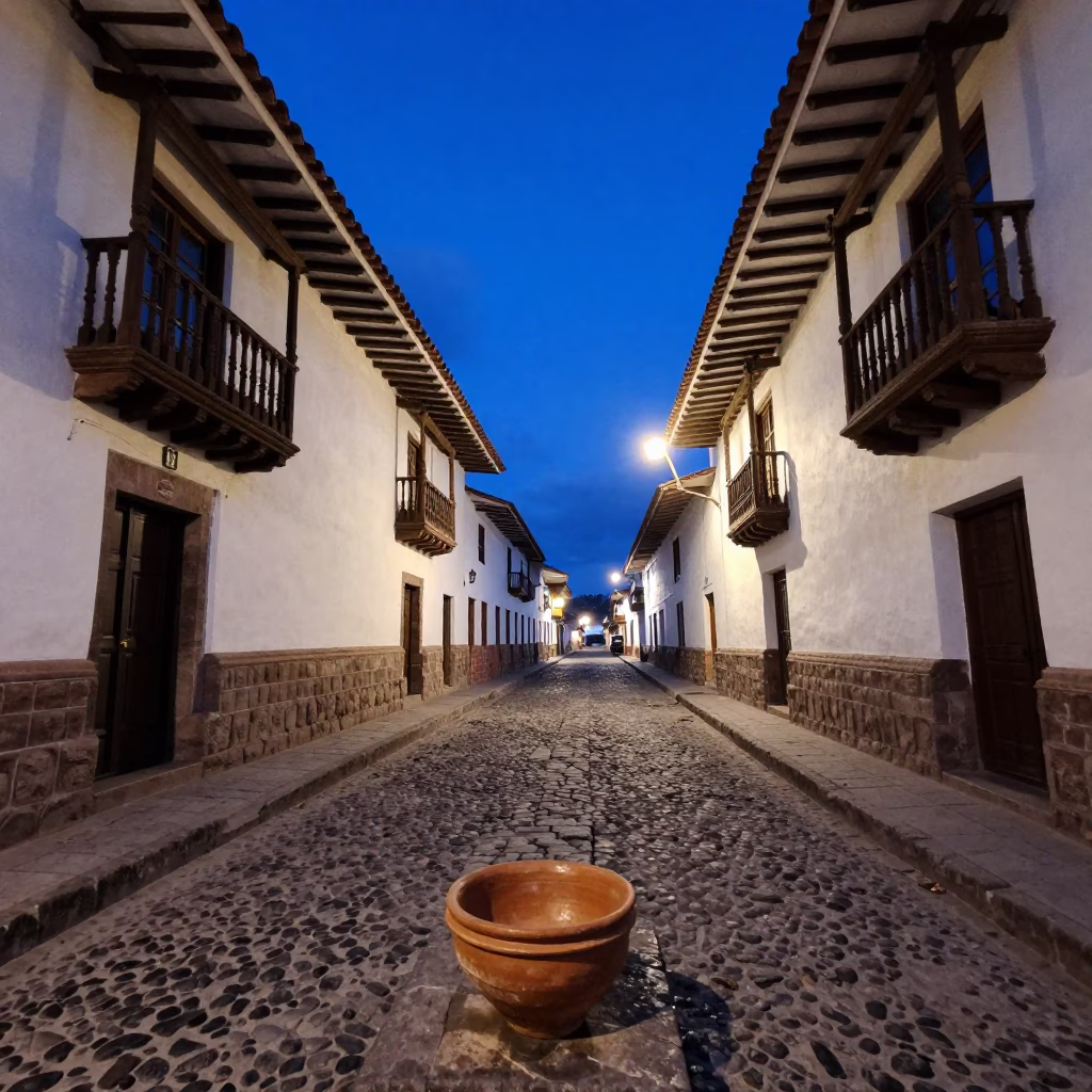 Blue Hour in Cusco Peru Street Scene with Terracotta Bowl and Local Life in in Cusco, Peru