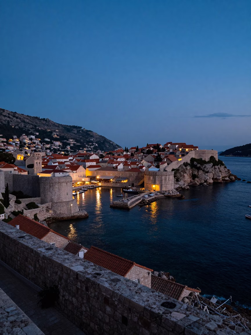 Blue Hour in Dubrovnik Croatia Coastal Cityscape with Stone Walls and Harbor Lights in in Dubrovnik, Croatia