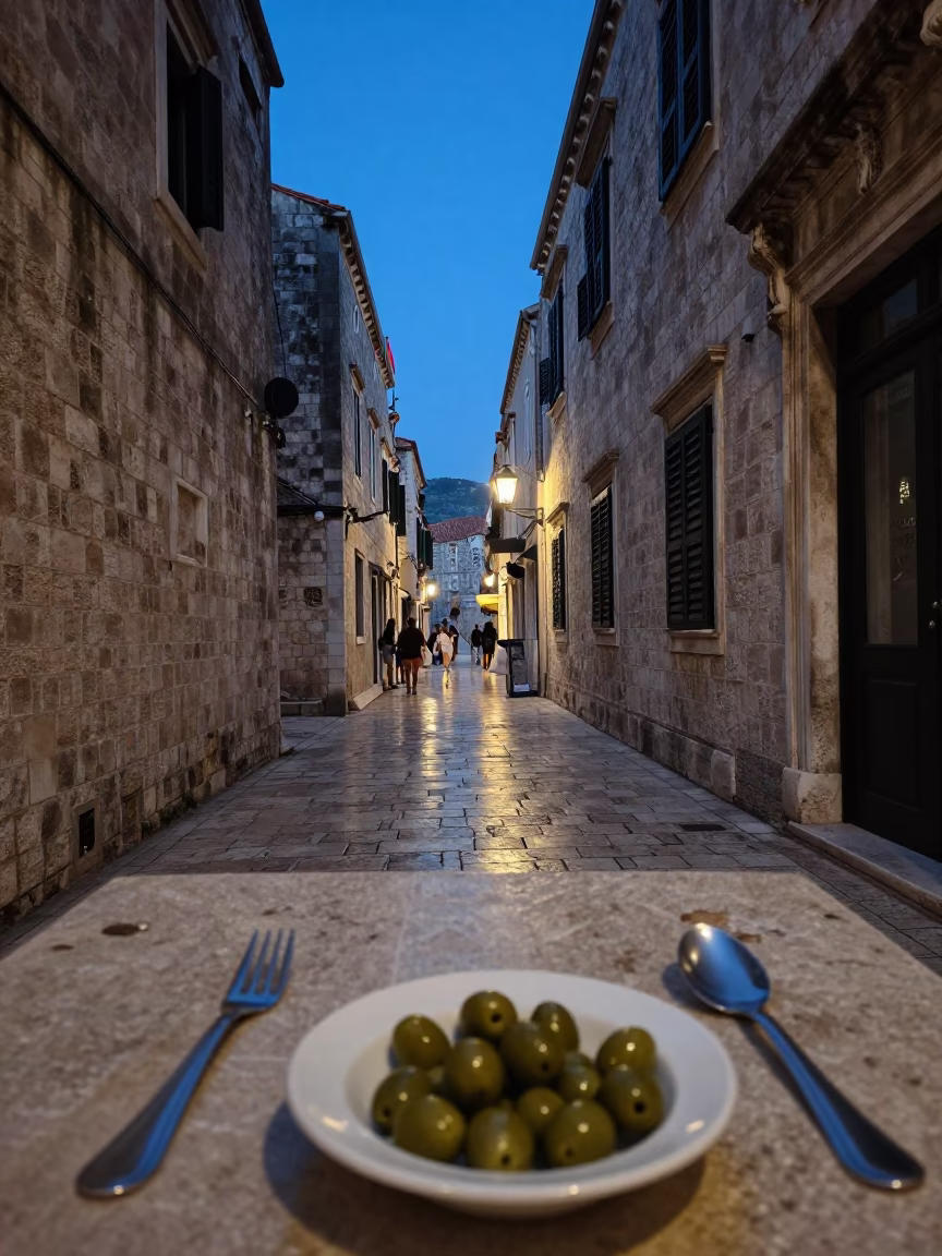 Blue Hour in Dubrovnik Croatia Old Town Street with Olive Dish and Cutlery in in Dubrovnik, Croatia