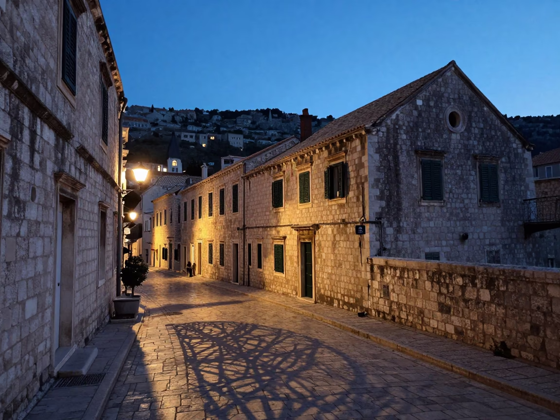 Blue Hour in Dubrovnik Croatia Street Scene with Wicker Shadow and Local Life in in Dubrovnik, Croatia