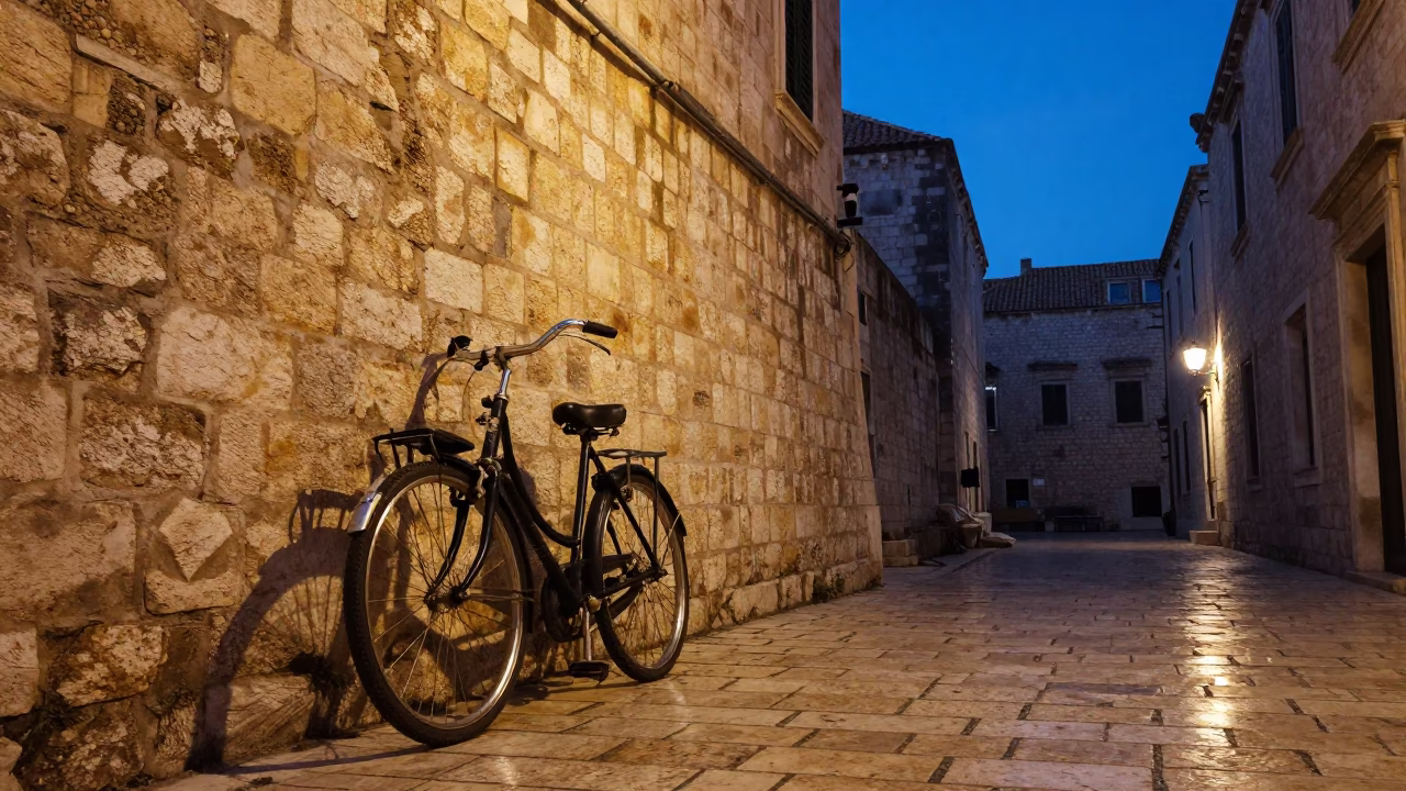Blue Hour in Dubrovnik Croatia Vintage Bicycle Against Old Stone Wall in in Dubrovnik, Croatia