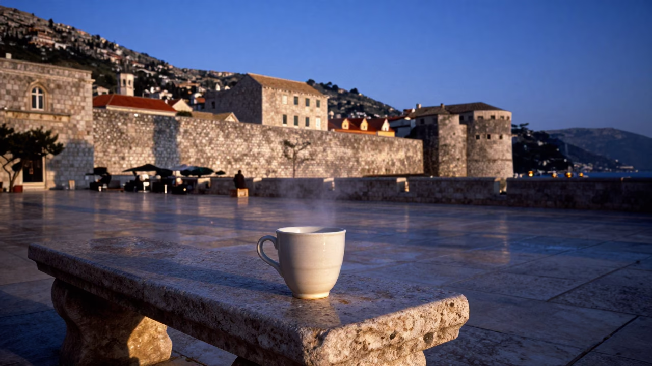 Blue Hour in Dubrovnik Croatia with Ceramic Cup and Condensation on Stone Bench in in Dubrovnik, Croatia