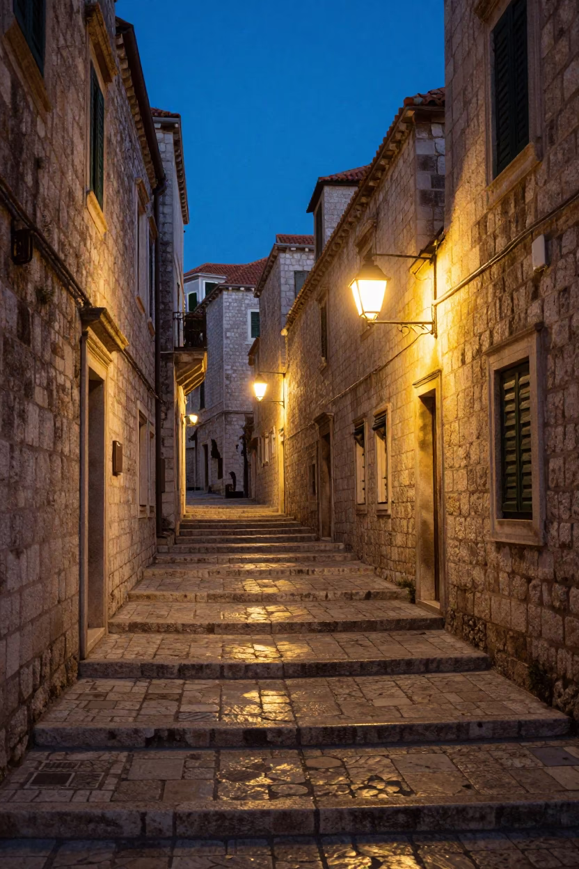 Blue Hour in Dubrovnik Old Town Stone Steps and Lantern Light in in Dubrovnik, Croatia