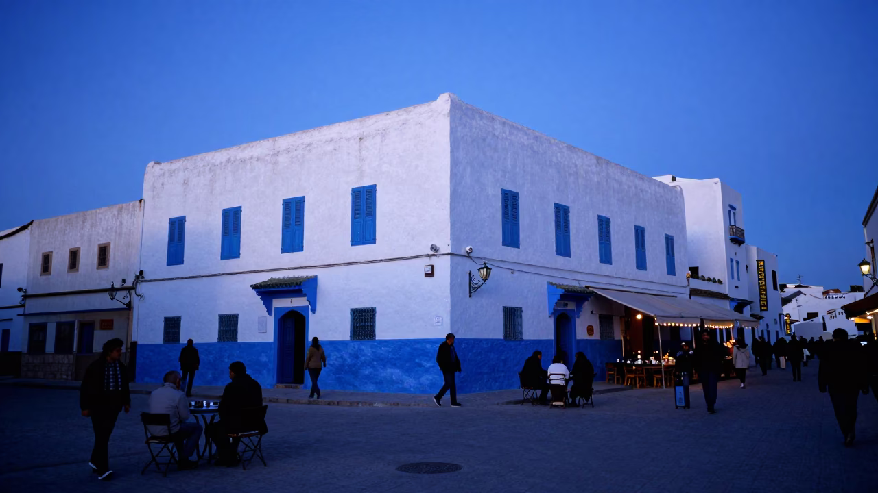 Blue Hour in Essaouira Moroccan Street Scene with Tea Tin and Kettle in in Essaouira, Morocco