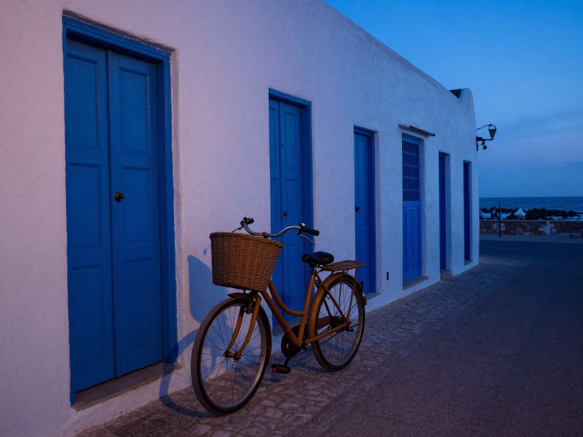 Blue Hour in Essaouira Morocco Bicycle Basket on Coastal Street in in Essaouira, Morocco
