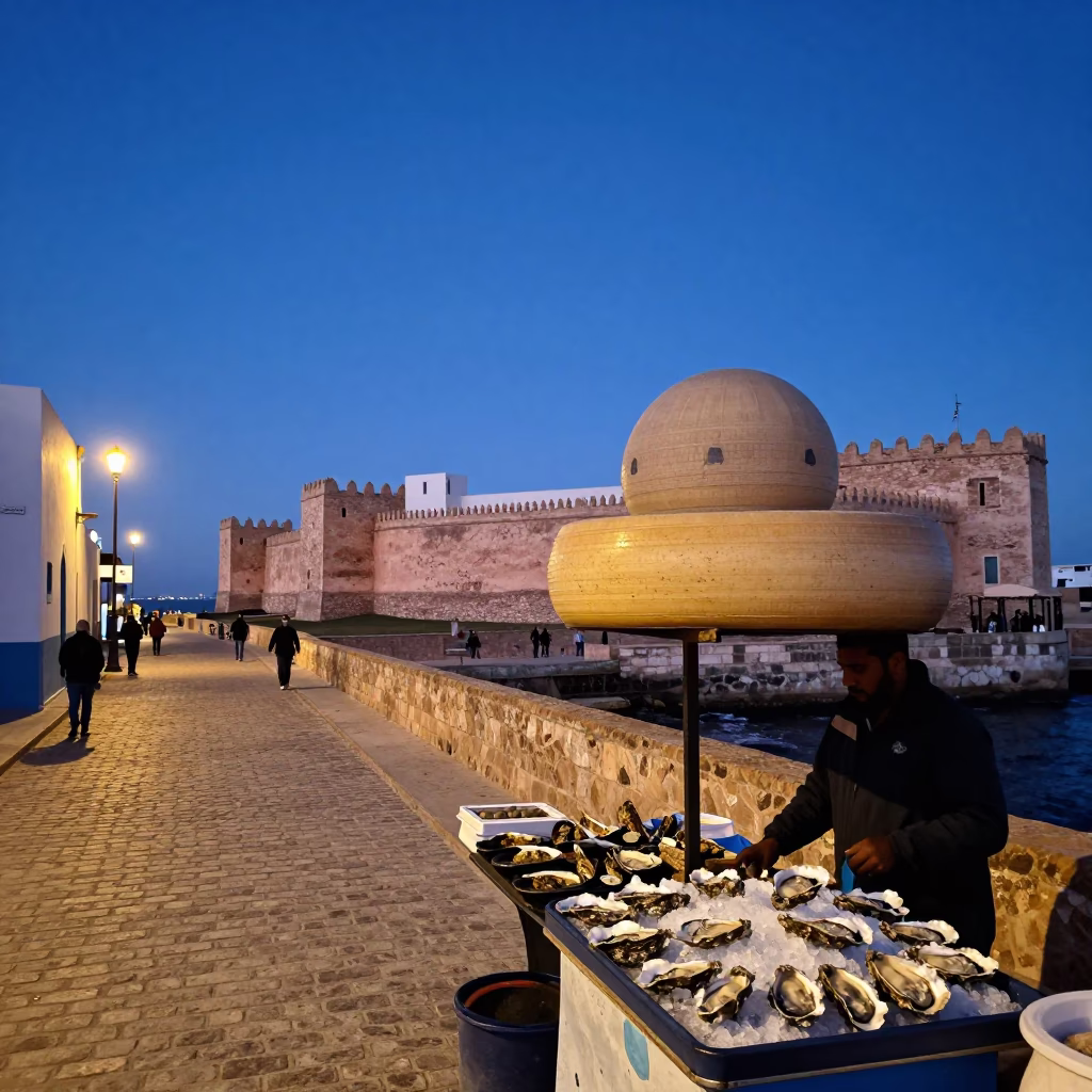 Blue Hour in Essaouira Morocco Coastal Street Scene with Ceramic Cheese Dome in in Essaouira, Morocco