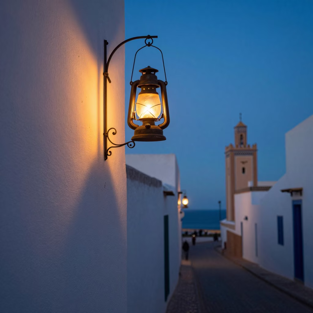 Blue Hour in Essaouira Morocco Street Scene with Oil Lamp and Traditional Tea in in Essaouira, Morocco