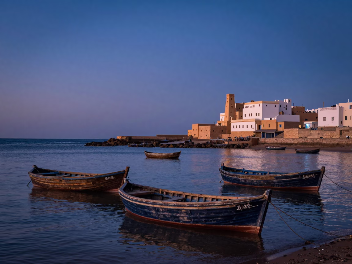 Blue Hour in Essaouira Morocco Wooden Fishing Boats and Coastal Port Life in in Essaouira, Morocco