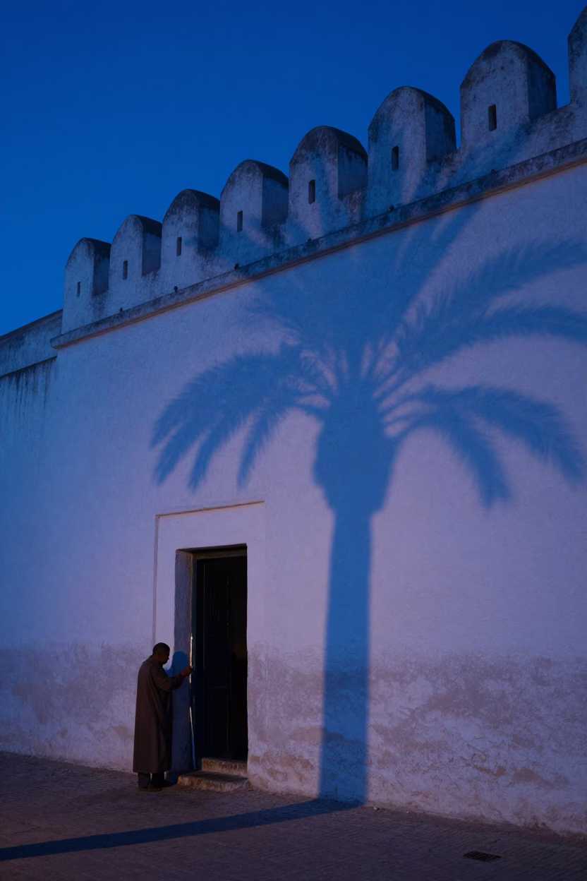 Blue hour in Essaouira walled city with wicker shadow on plaster in in Essaouira, Morocco