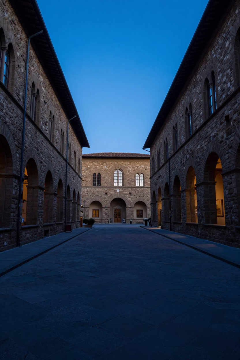 Blue Hour in Florence Italy University Cloister Walkway Between Old Stone Buildings in in Florence, Italy