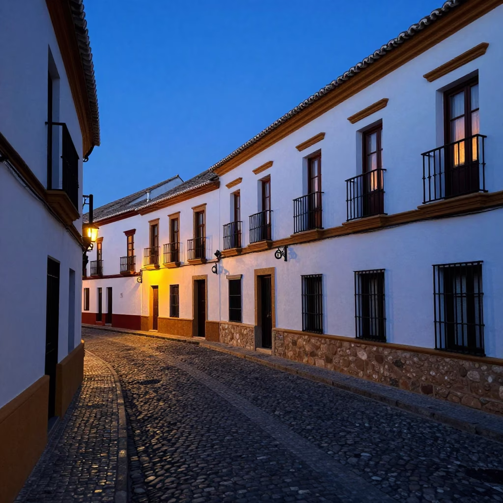 Blue Hour in Granada Spain Old Town Cobblestone Street with Padlock on Wooden Door in in Granada, Spain