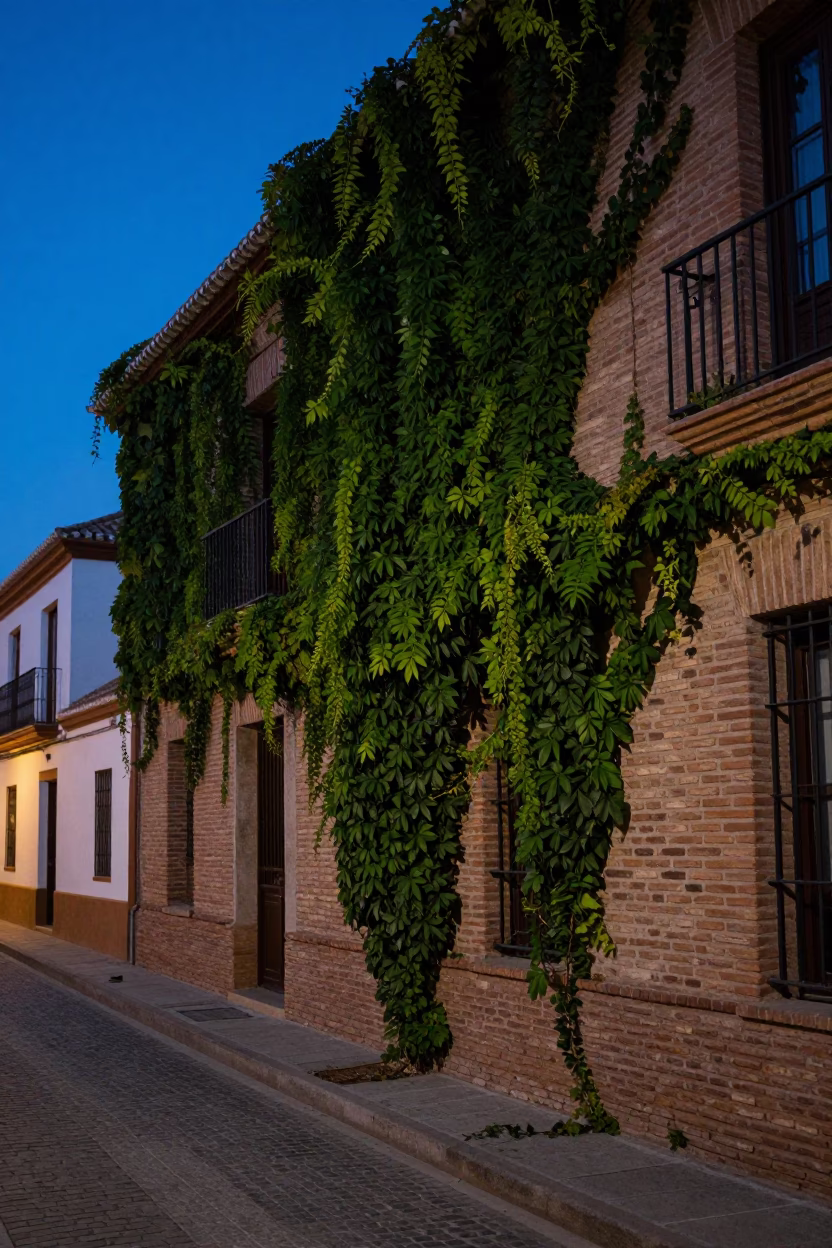 Blue Hour in Granada Spain Street Scene with Ivy Brick Wall and Local Life in in Granada, Spain