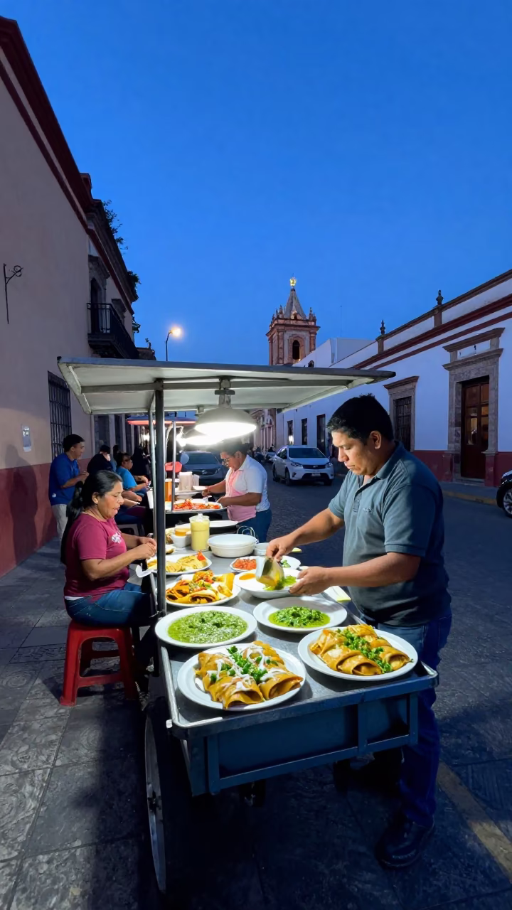 Blue Hour in Guadalajara Mexico Street Food Stalls and Local Dining in in Guadalajara, Mexico
