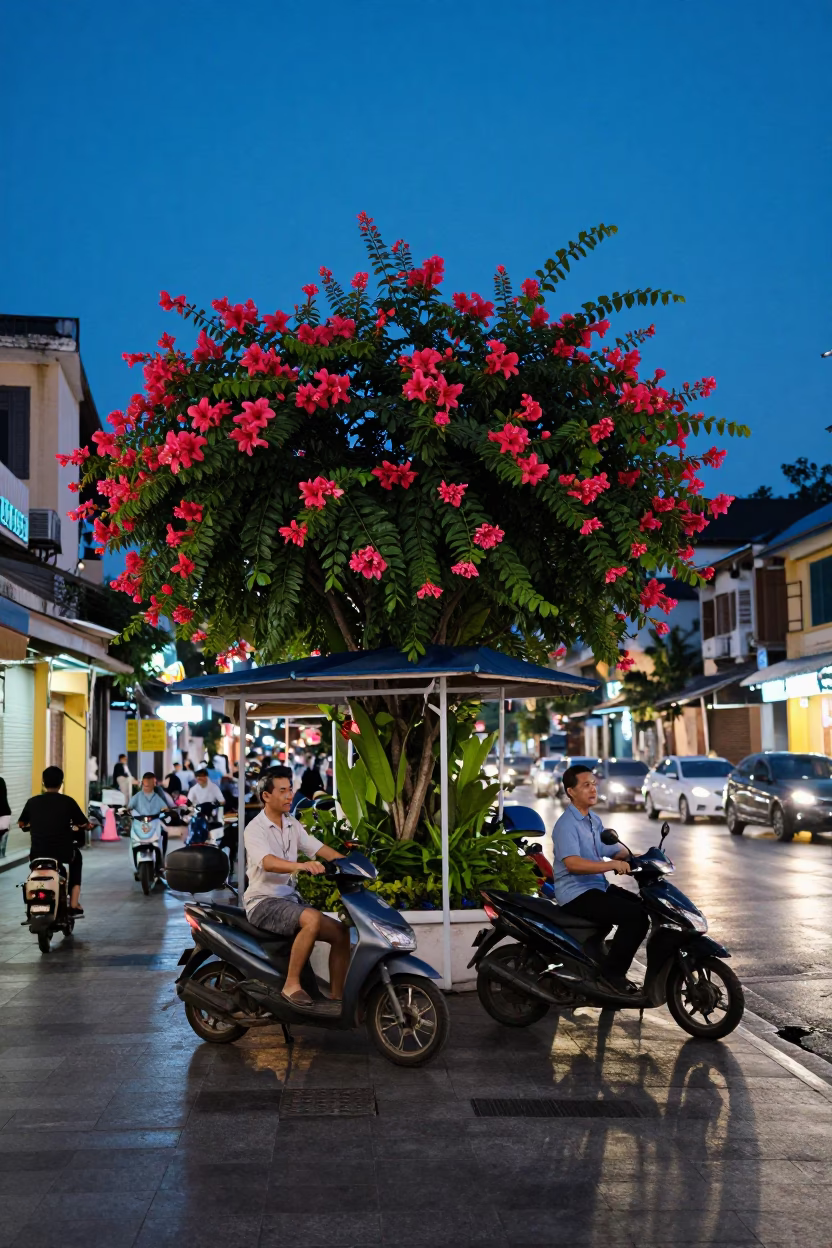 Blue Hour in Ho Chi Minh City with Sampan Flowers and Hotel Valet Reflections in in Ho Chi Minh City, Vietnam