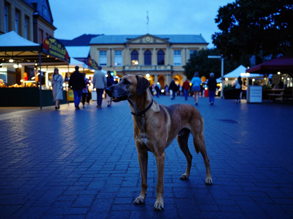 Blue Hour in Hobart Tasmania with Segugio Italiano near Salamanca Market in in Hobart, Tasmania, Australia