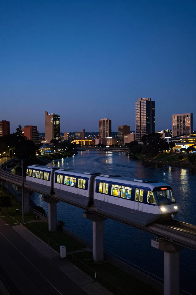 Blue Hour in Johannesburg South Africa Monorail Sweeping Above River and City Lights in in Johannesburg, South Africa
