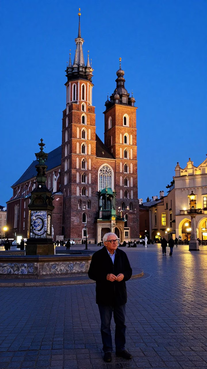 Blue Hour in Krakow Old Town Market Square with Astronomer and Porcelain in in Krakow, Poland