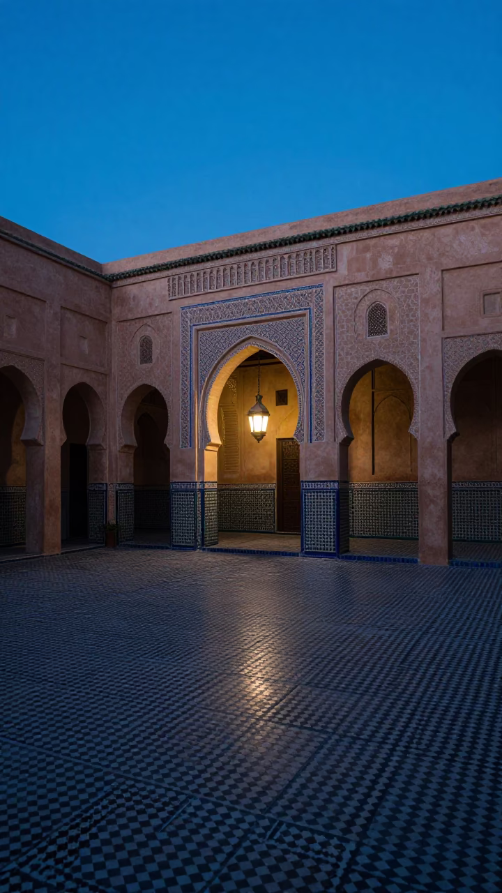 Blue Hour in Marrakech Medina Courtyard with Lantern Light and Stone Architecture in in Marrakech, Morocco