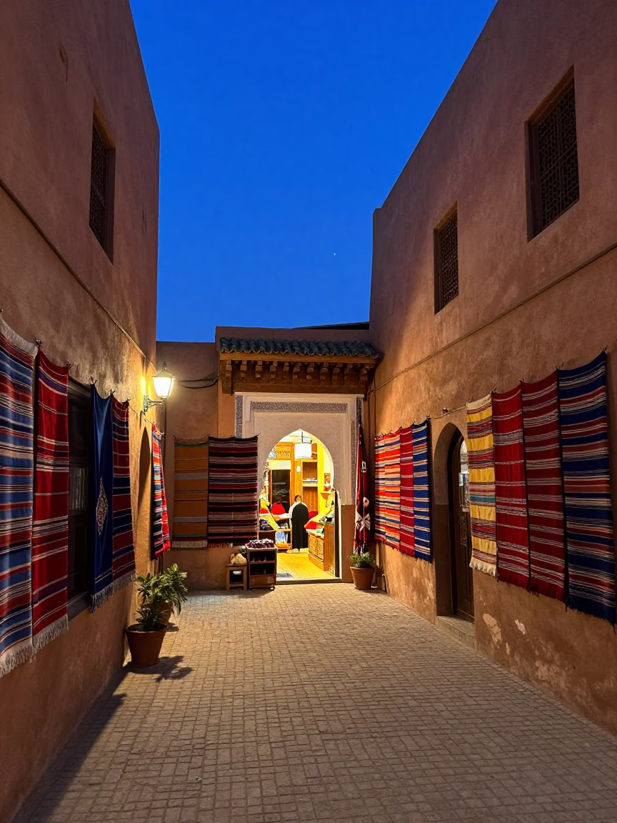 Blue Hour in Marrakech Medina Street with Colorful Textiles and Traditional Decor in in Marrakech, Morocco
