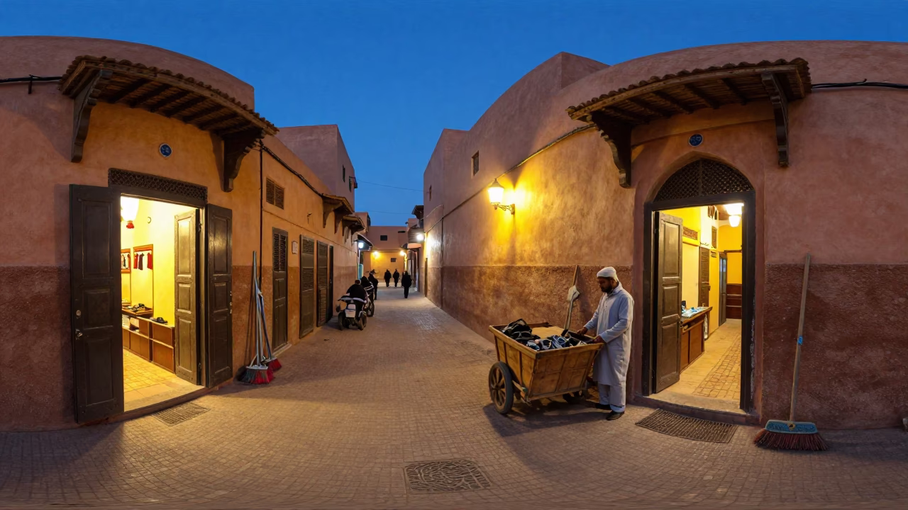 Blue Hour in Marrakech Medina Street with Wrench and Broom in in Marrakech, Morocco